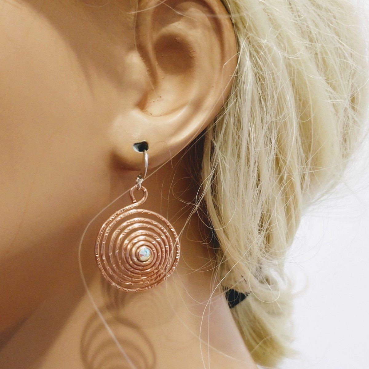 Copper Crystal Spiral Hoop Earrings - Reflective Design with Swarovski Crystal AB Bijou Her