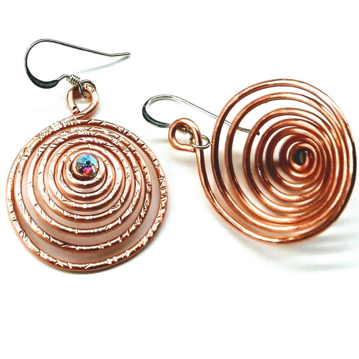 Copper Crystal Spiral Hoop Earrings - Reflective Design with Swarovski Crystal AB Bijou Her