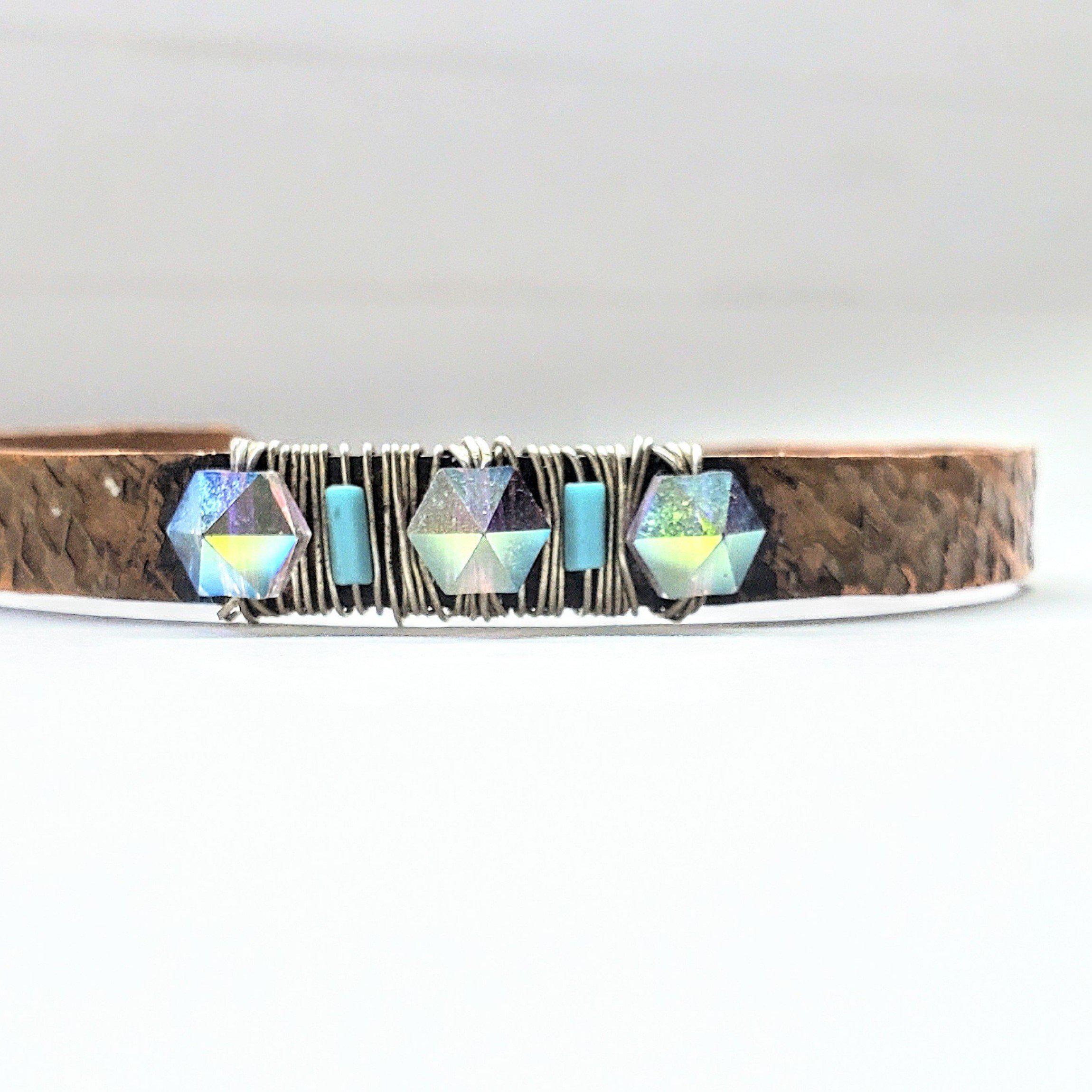 Copper Cuff with Swarovski Crystal Spike Beads and Turquoise Gemstones Bijou Her