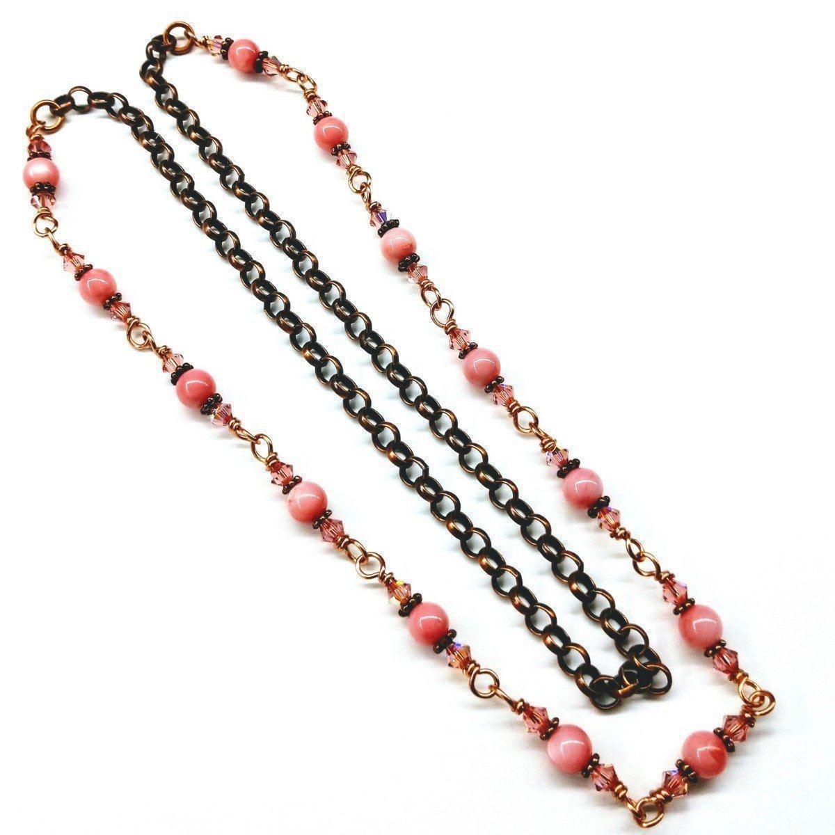 Copper Peach Pearl Crystal Wire Necklace - Handcrafted 24 Inches in Length with Swarovski Crystals and Mother of Pearl Beads Bijou Her