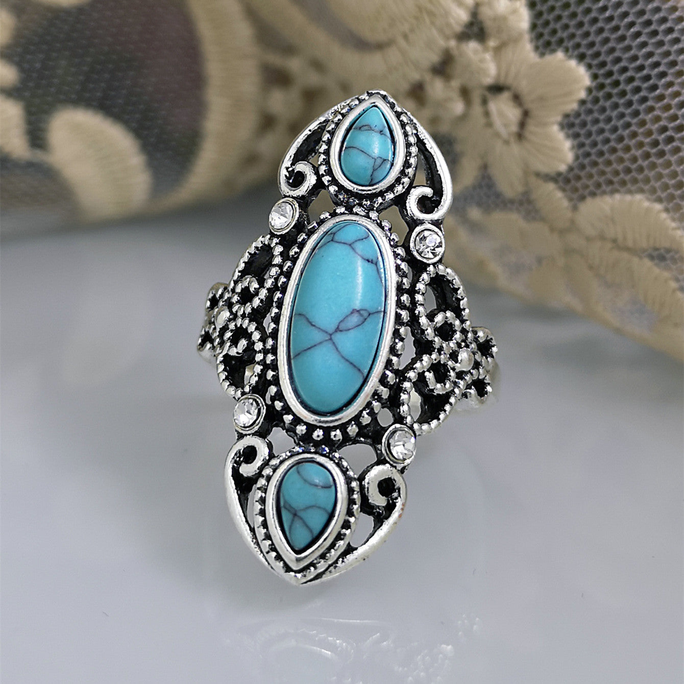 Creative Openwork Carved Vintage Turquoise Ring Bijou Her
