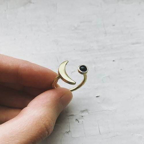 Crescent Moon Ring with Black Onyx Bijou Her