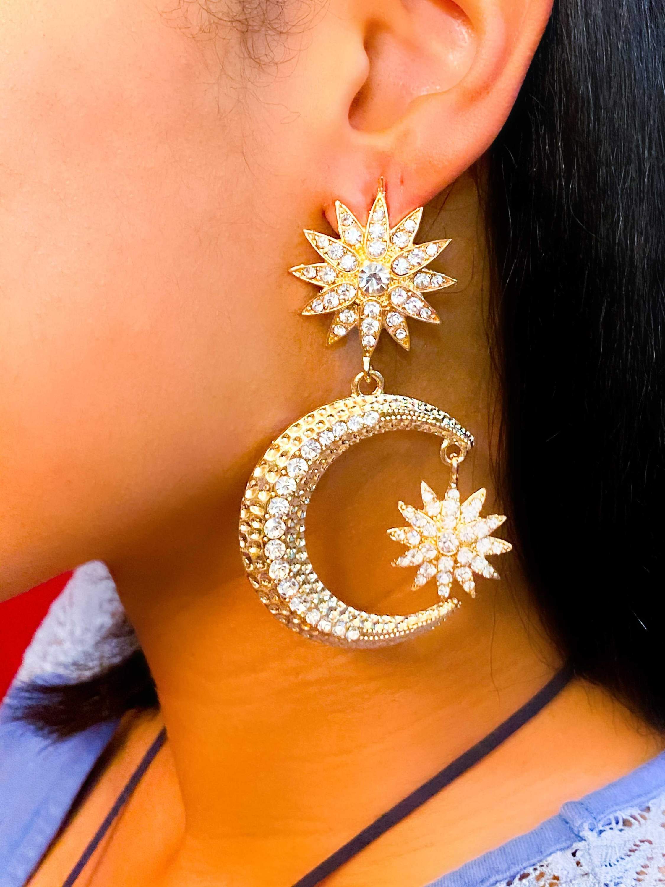 Crescent Moon & Star Drop Earrings - Fashion Geometric Shapes in Gold and Silver, High Quality Zinc Alloy, Long Lasting Polish, Lifetime Warranty Bijou Her