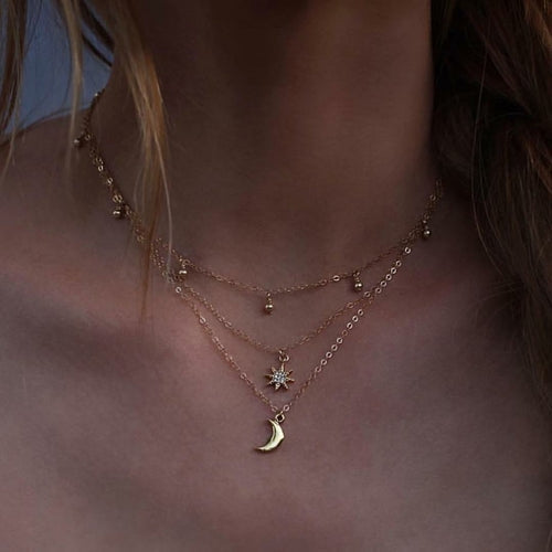 Crescent Moon and Star Bead Three Layer Necklace - Adjustable Zinc Alloy Chain Bijou Her