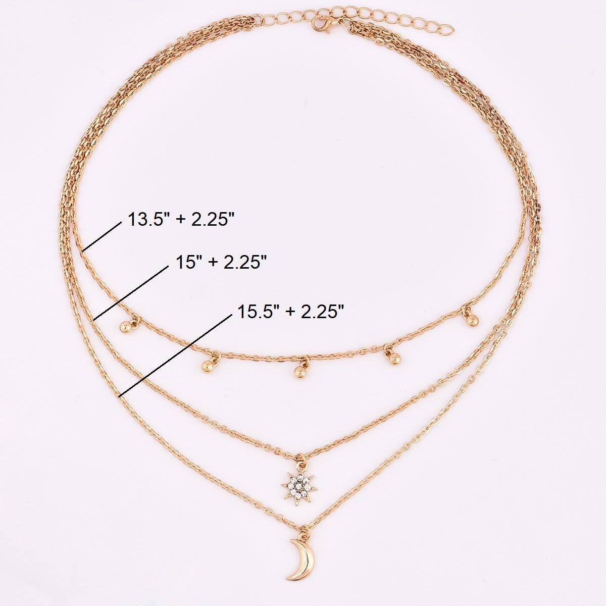 Crescent Moon and Star Bead Three Layer Necklace - Adjustable Zinc Alloy Chain Bijou Her