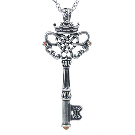 Crowned Key Pendant Necklace - Regal Charm in Stainless Steel and CZ Bijou Her