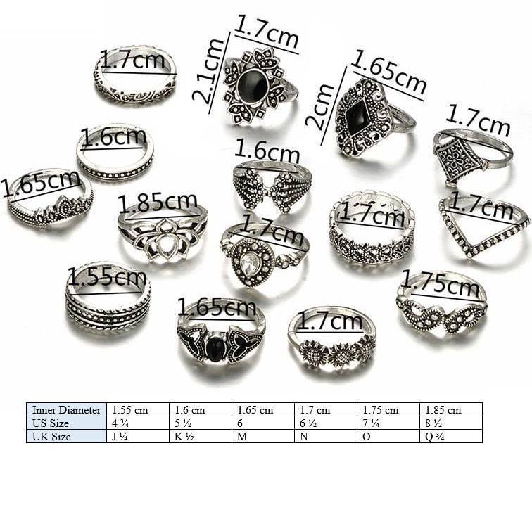 Crystal Flower Ring Set - 15 High-Quality Zinc Alloy Rings in Various Sizes Bijou Her