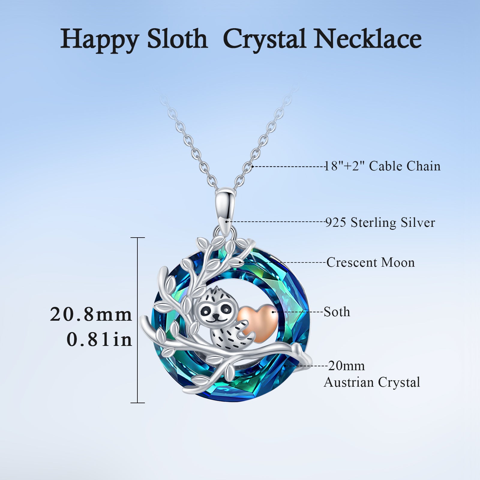 Crystal Sloth Pendant Necklace in 925 Sterling Silver Bijou Her