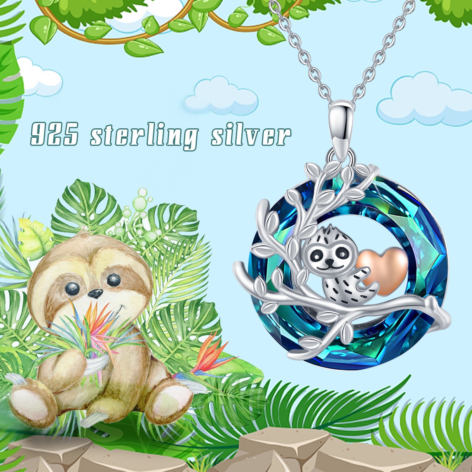 Crystal Sloth Pendant Necklace in 925 Sterling Silver Bijou Her