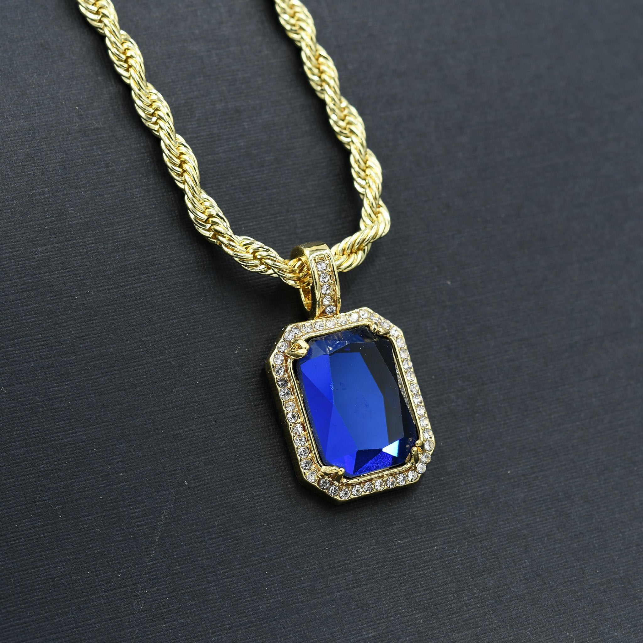 Crystal-Studded Rectangular CZ Pendant Necklace - 24" Rope Chain, Sapphire Color Stone, 25g, Bling Master Jewelry Bijou Her