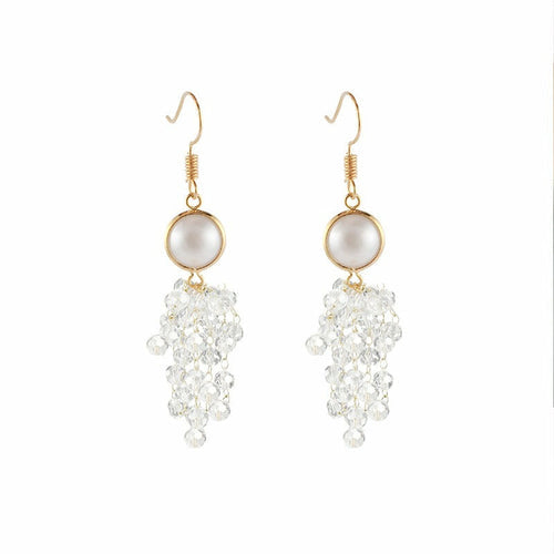 Crystal Tassel Earrings with Multi-Layer Design - Pearl, Crystal, Alloy, 925 Silver - 7.7cm Length - Lightweight Bijou Her