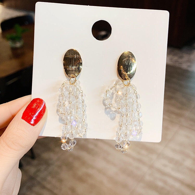 Crystal Tassel Earrings with Multi-Layer Design - Pearl, Crystal, Alloy, 925 Silver - 7.7cm Length - Lightweight Bijou Her