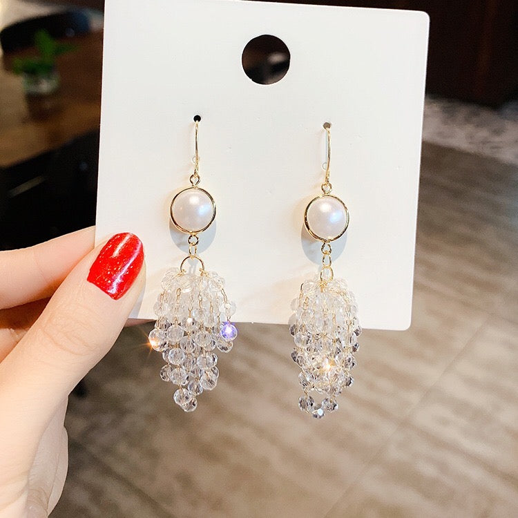 Crystal Tassel Earrings with Multi-Layer Design - Pearl, Crystal, Alloy, 925 Silver - 7.7cm Length - Lightweight Bijou Her