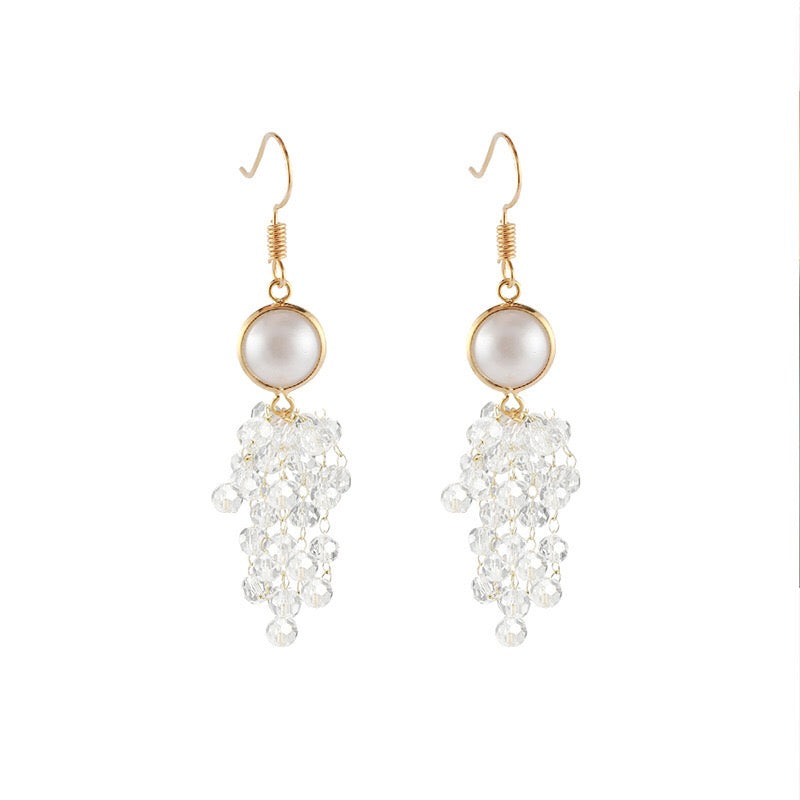 Crystal Tassel Earrings with Multi-Layer Design - Pearl, Crystal, Alloy, 925 Silver - 7.7cm Length - Lightweight Bijou Her