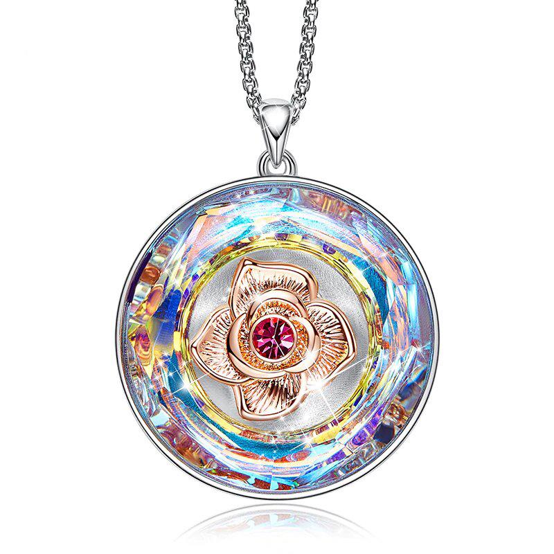 Crystals Rainbow Disc Necklace with Hypoallergenic Comfort Fit - 18K White Gold Plated Bijou Her