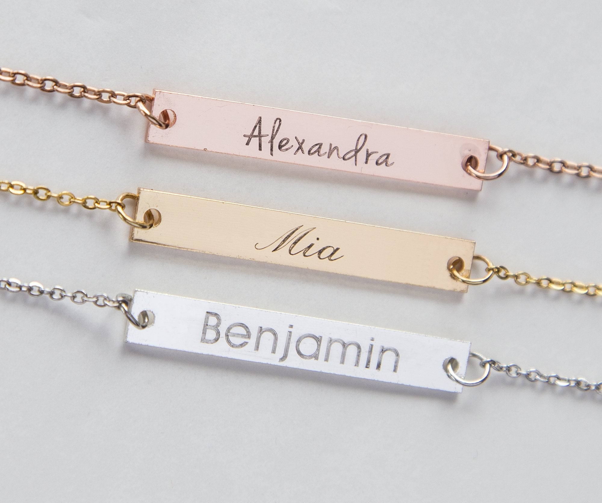 Custom Baby Name Bar Necklace - Engraved Pendant for New Moms Bijou Her