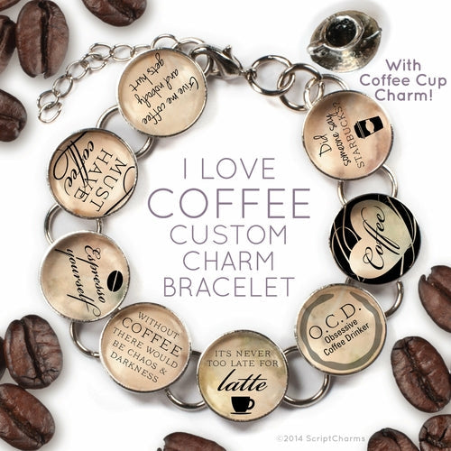 Custom Coffee Charm Bracelet with Glass Charms and Dangling Cup Bijou Her