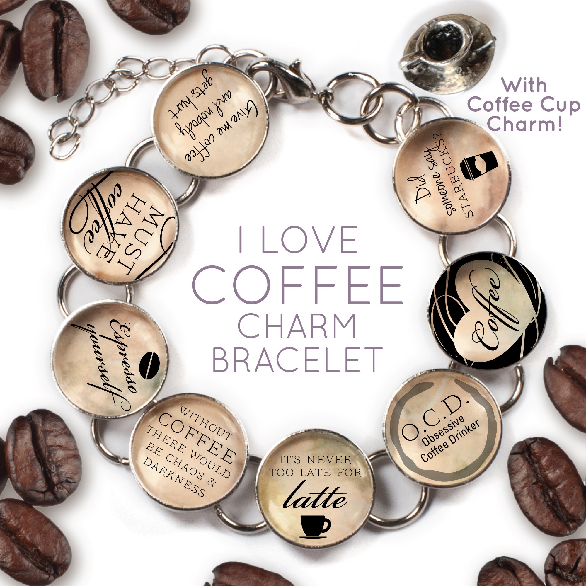Custom Coffee Charm Bracelet with Glass Charms and Dangling Cup Bijou Her