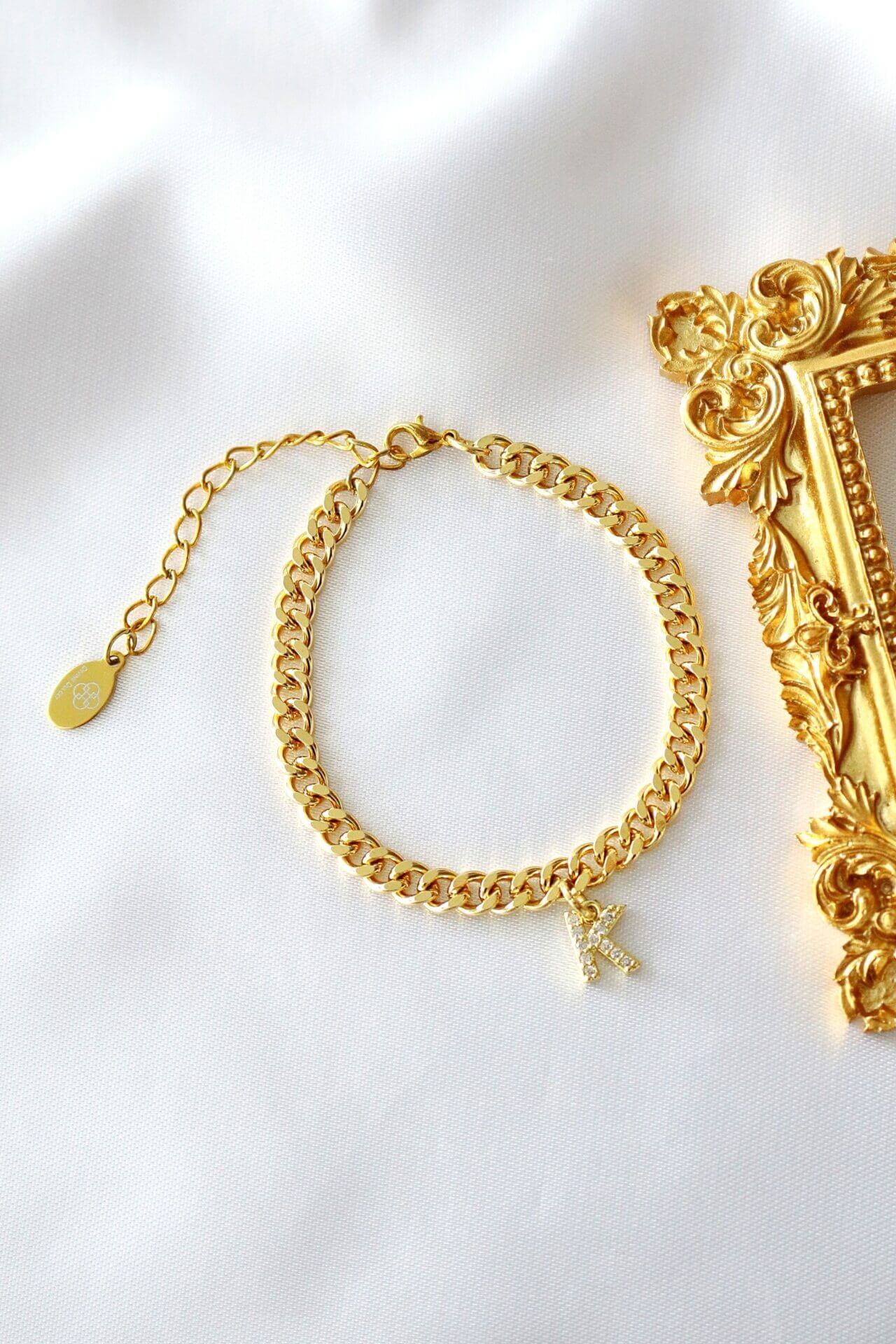 Custom Initial 24K Gold Plated Cuban Link Bracelet - Personalized Letter Charm Jewelry Bijou Her