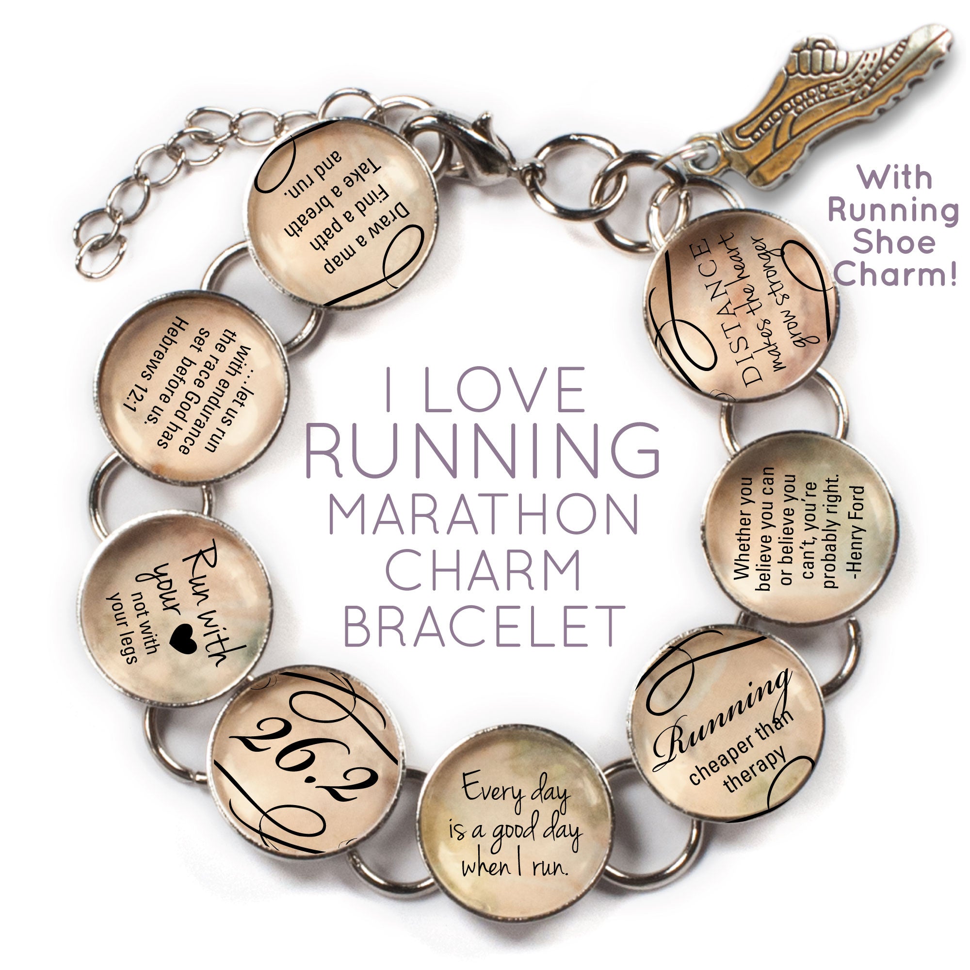 Custom Running Glass Charm Bracelet - Marathon, Half-Marathon, or Running Shoe Charm Included Bijou Her