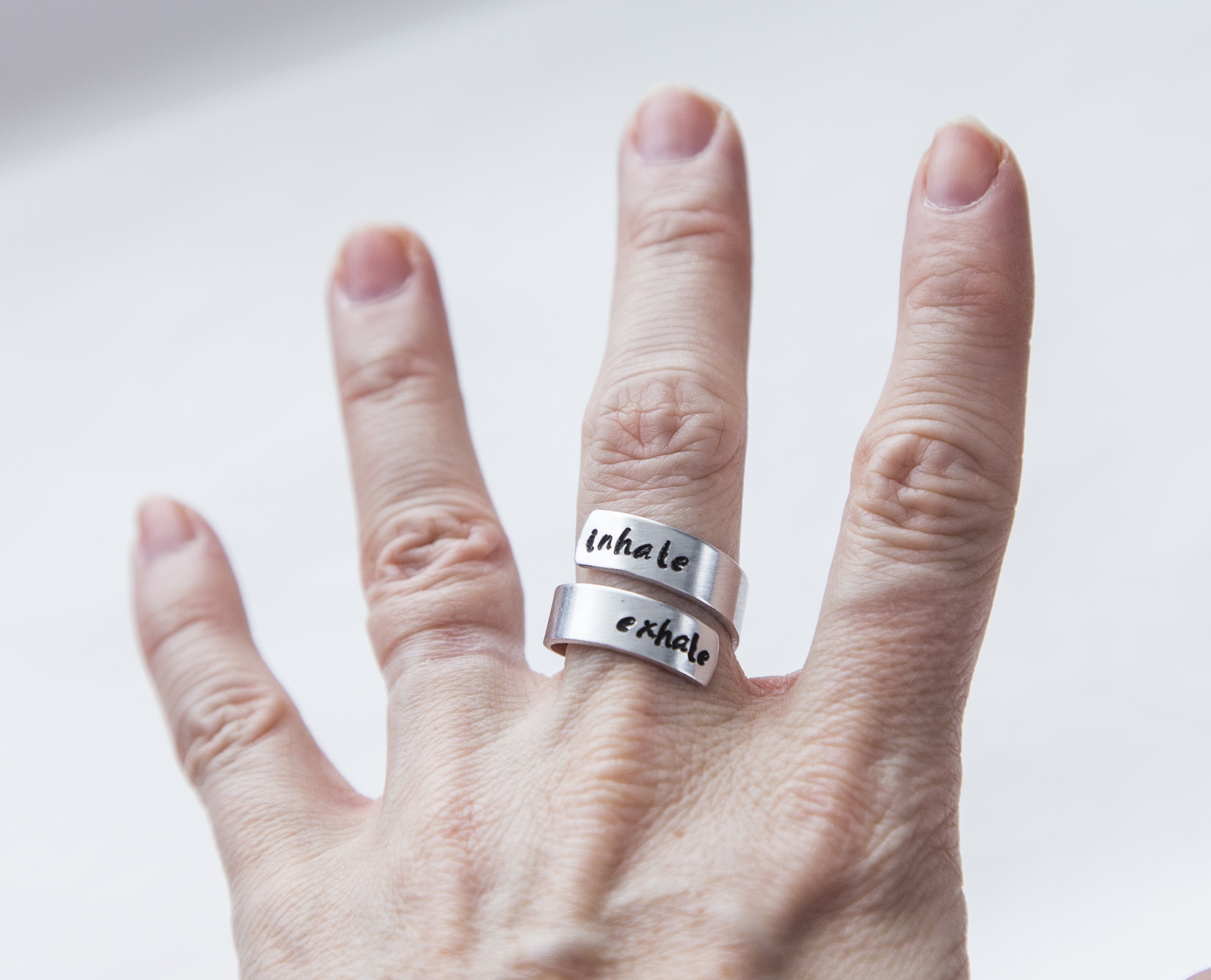 Custom Stamped Inhale Exhale Yoga Ring - Adjustable Aluminum Stamped Wrap Ring for Meditation and Yoga Lovers Bijou Her