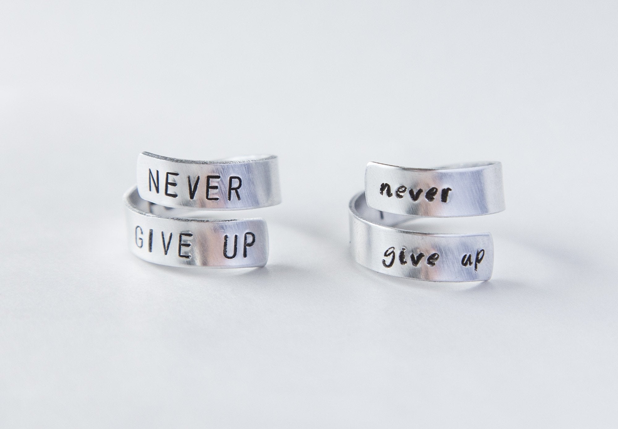 Custom Stamped Never Give Up Ring - Cancer Survivor Ring - Adjustable Aluminum Band Bijou Her