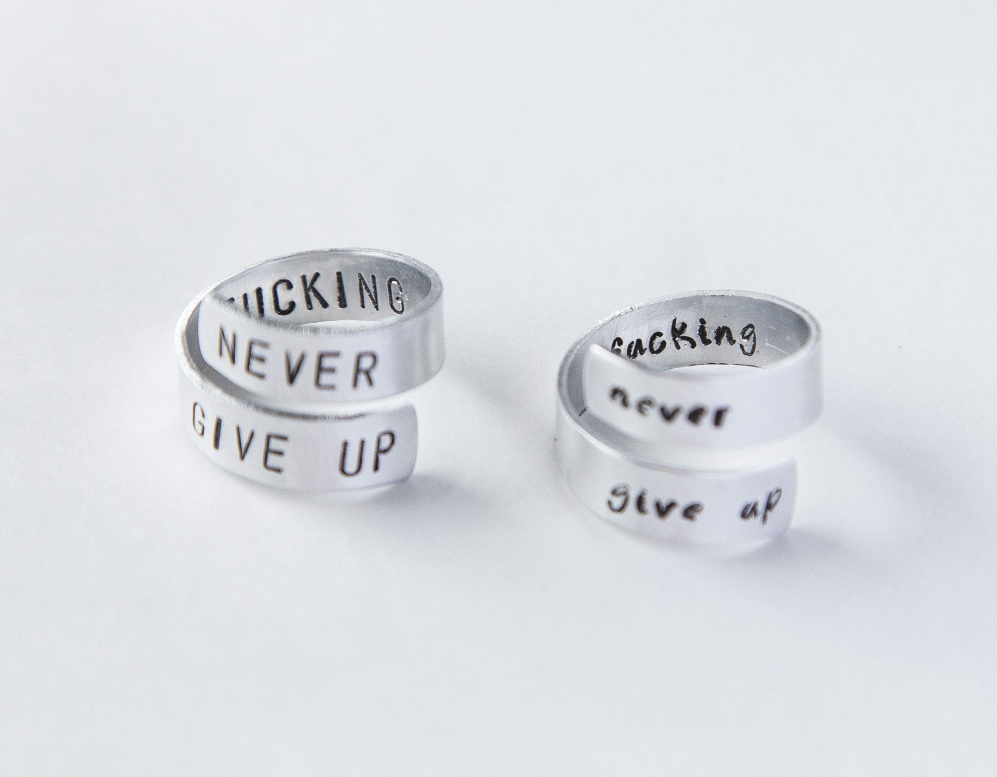 Custom Stamped Never Give Up Ring - Cancer Survivor Ring - Adjustable Aluminum Band Bijou Her