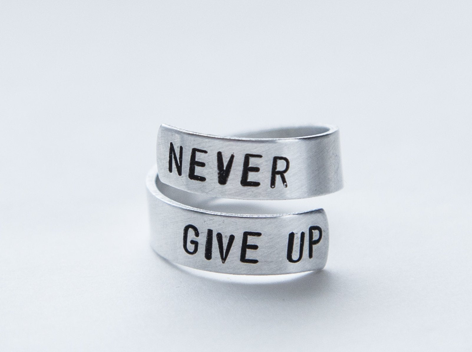 Custom Stamped Never Give Up Ring - Cancer Survivor Ring - Adjustable Aluminum Band Bijou Her