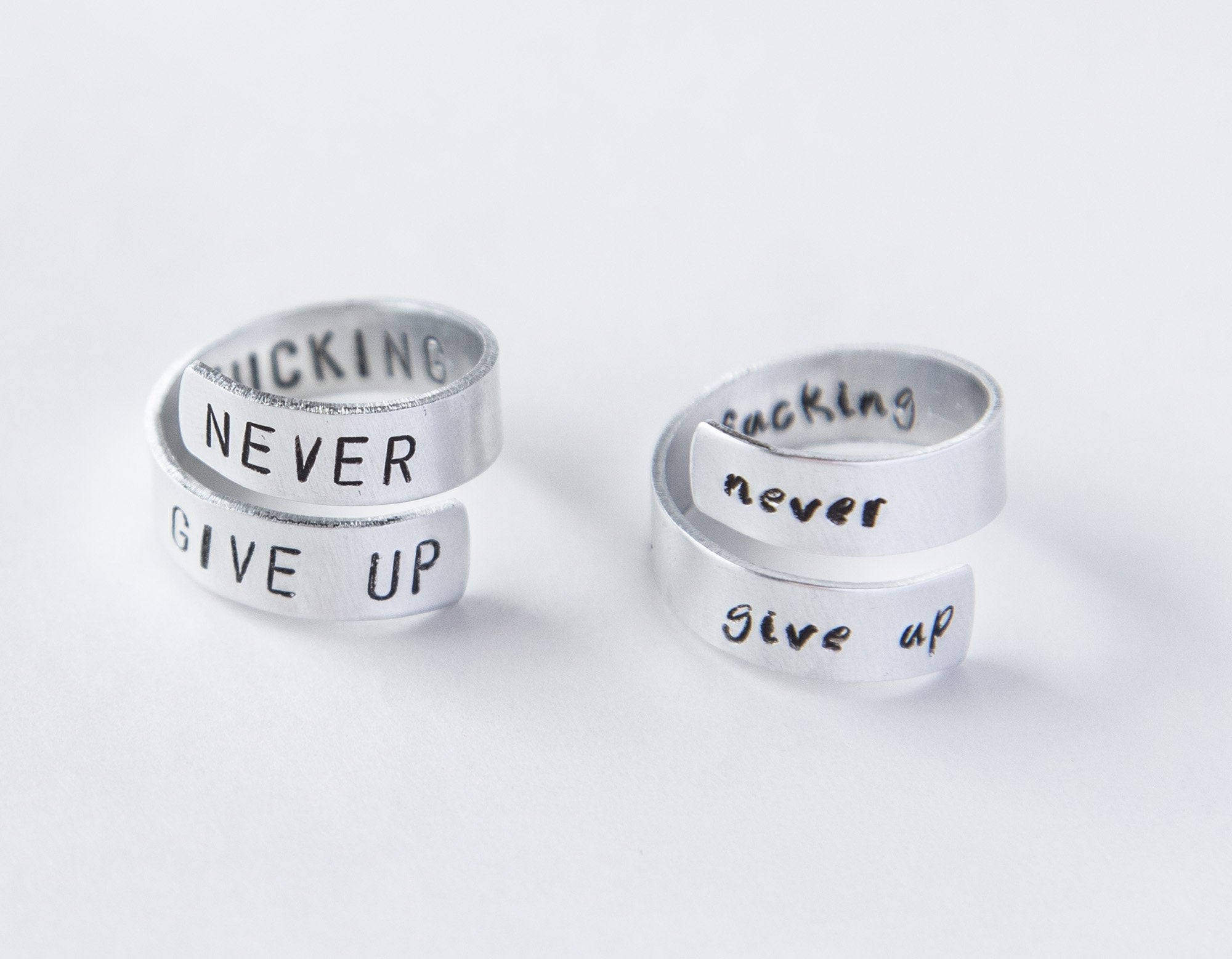 Custom Stamped Never Give Up Ring - Cancer Survivor Ring - Adjustable Aluminum Band Bijou Her