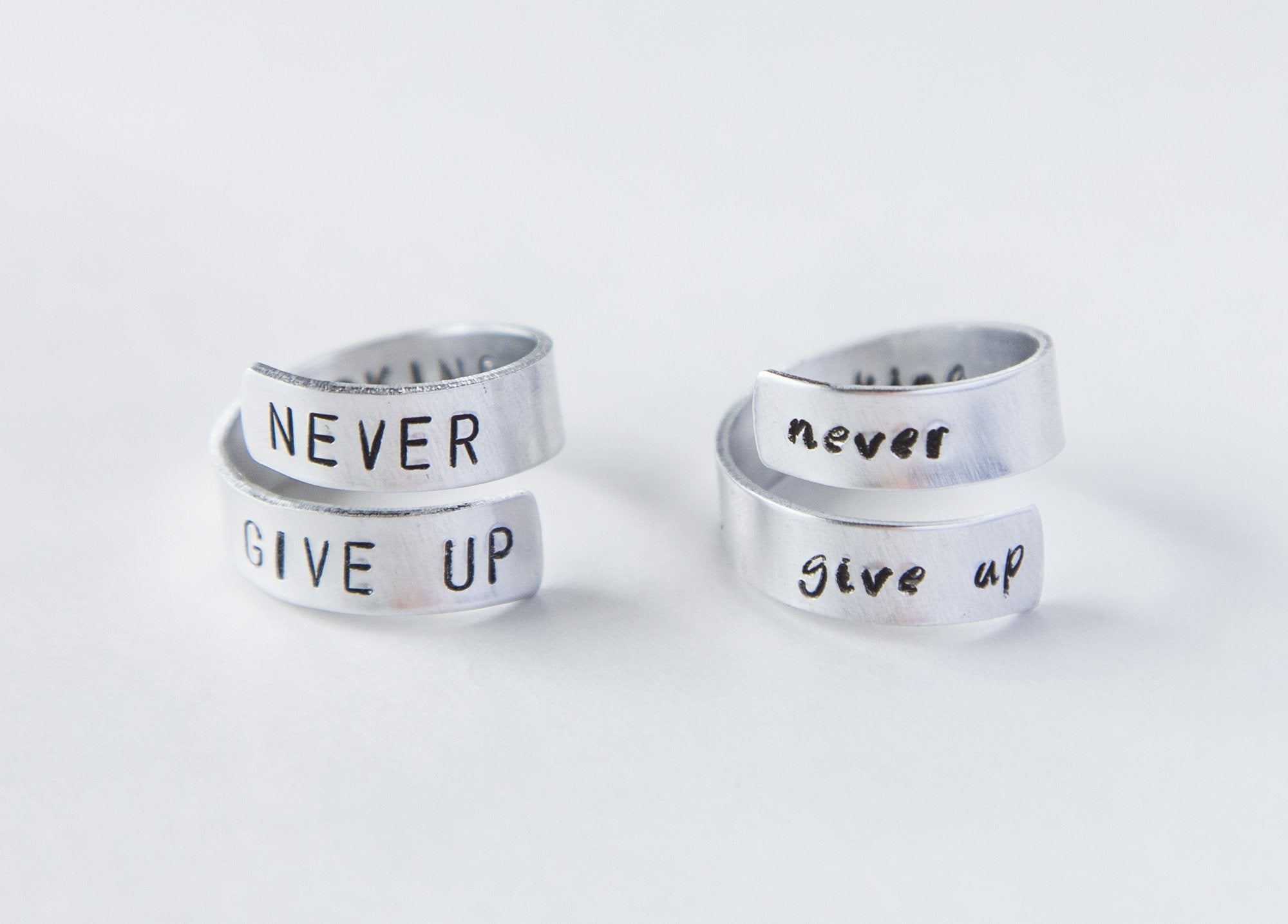 Custom Stamped Never Give Up Ring - Cancer Survivor Ring - Adjustable Aluminum Band Bijou Her