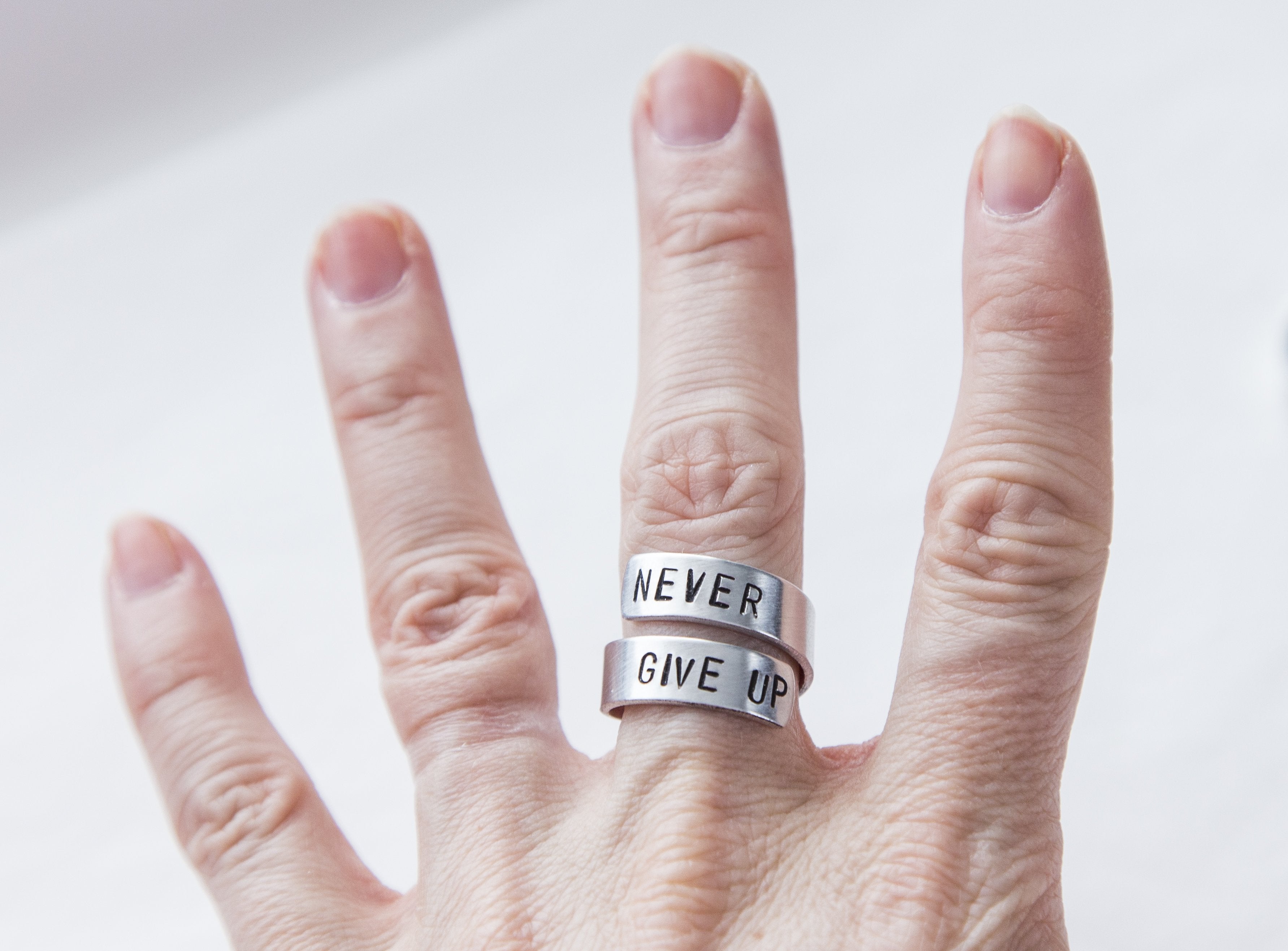 Custom Stamped Never Give Up Ring - Cancer Survivor Ring - Adjustable Aluminum Band Bijou Her