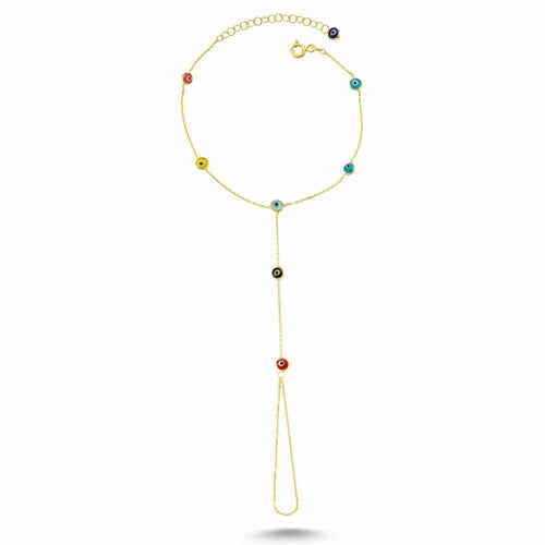 Dainty Evil Eye Hand Chain Bracelet - Sterling Silver & Gold Plated, Multi-Colored Charms Bijou Her