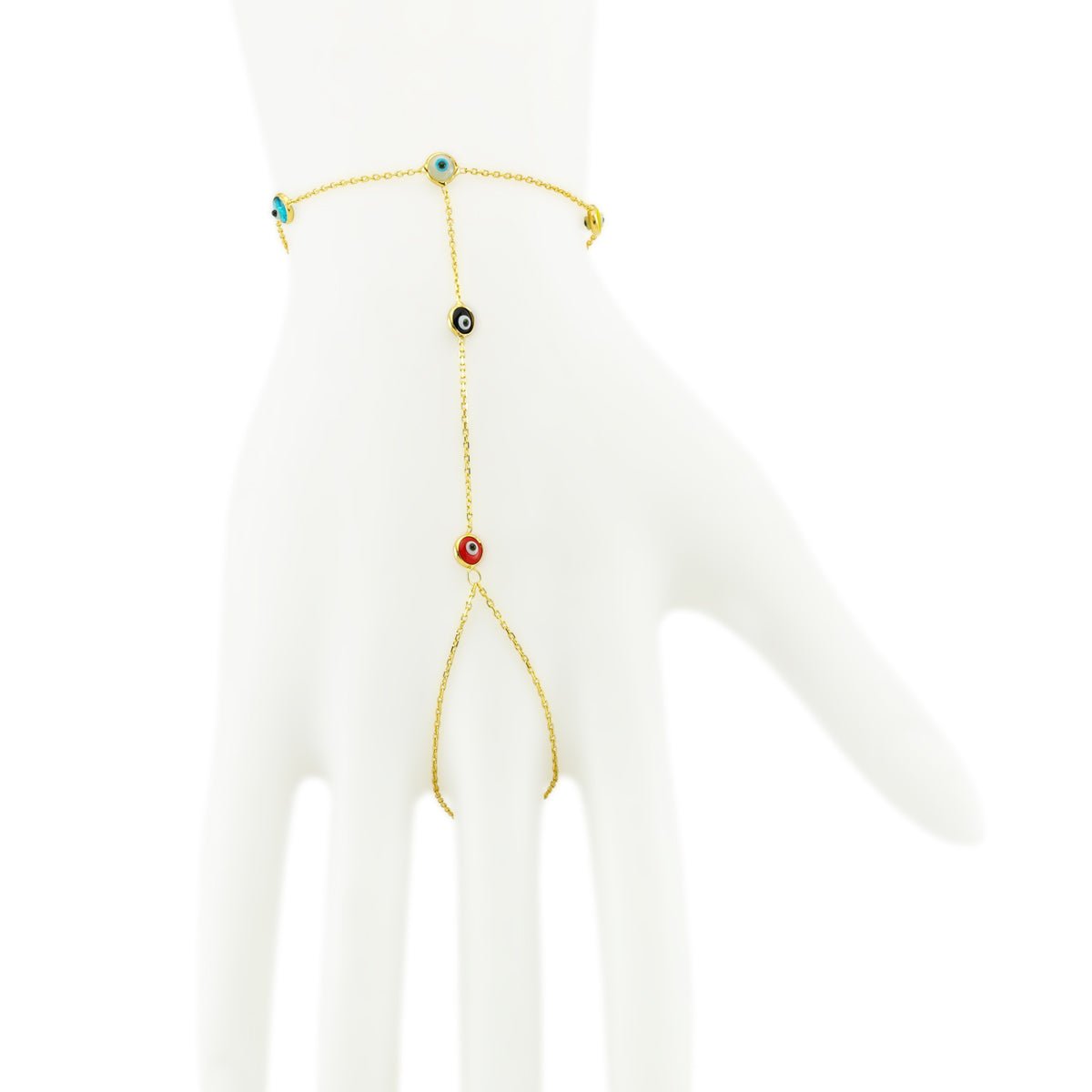 Dainty Evil Eye Hand Chain Bracelet - Sterling Silver & Gold Plated, Multi-Colored Charms Bijou Her