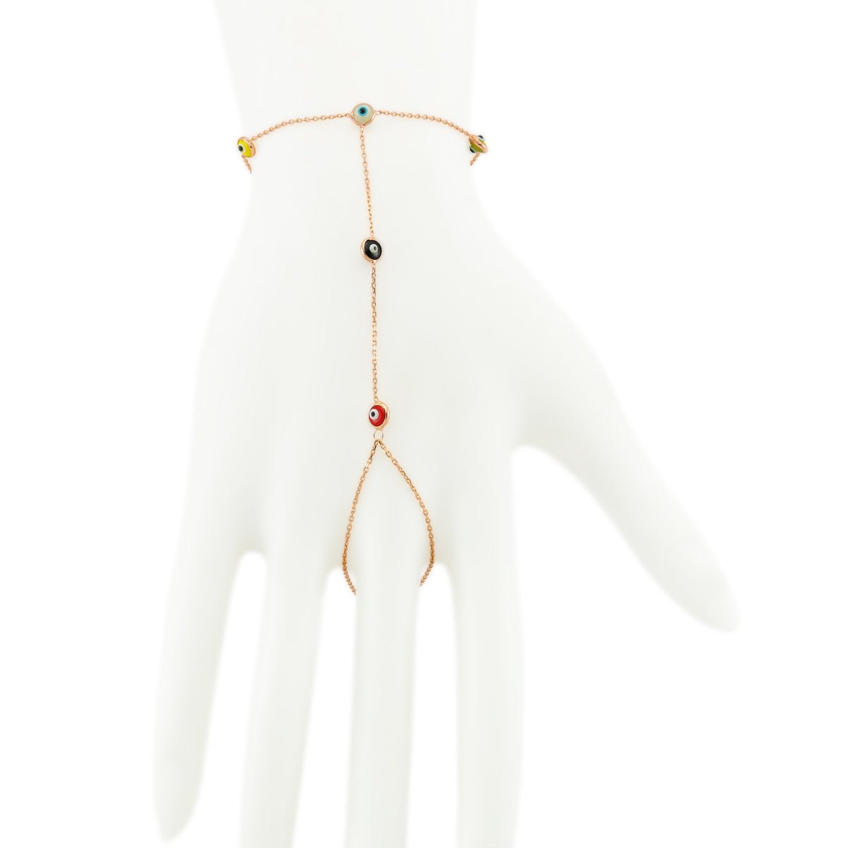 Dainty Evil Eye Hand Chain Bracelet - Sterling Silver & Gold Plated, Multi-Colored Charms Bijou Her