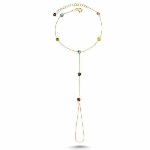 Dainty Evil Eye Hand Chain Bracelet - Sterling Silver & Gold Plated, Multi-Colored Charms Bijou Her