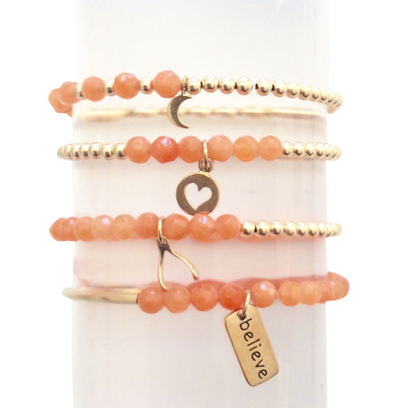 Dainty Set of 4 Gold Faceted Beaded Bracelets with Lotus and Om Charms - Wholesale Bijou Her