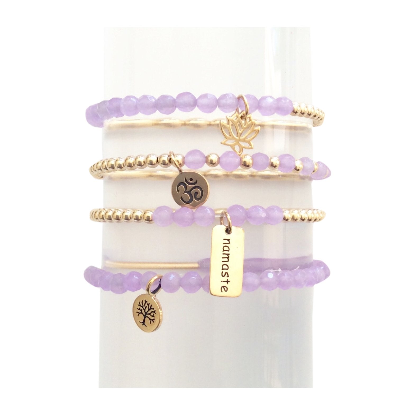 Dainty Set of 4 Lilac Beaded Bracelets with Gold Faceted Stones and Charms - Wholesale Bijou Her