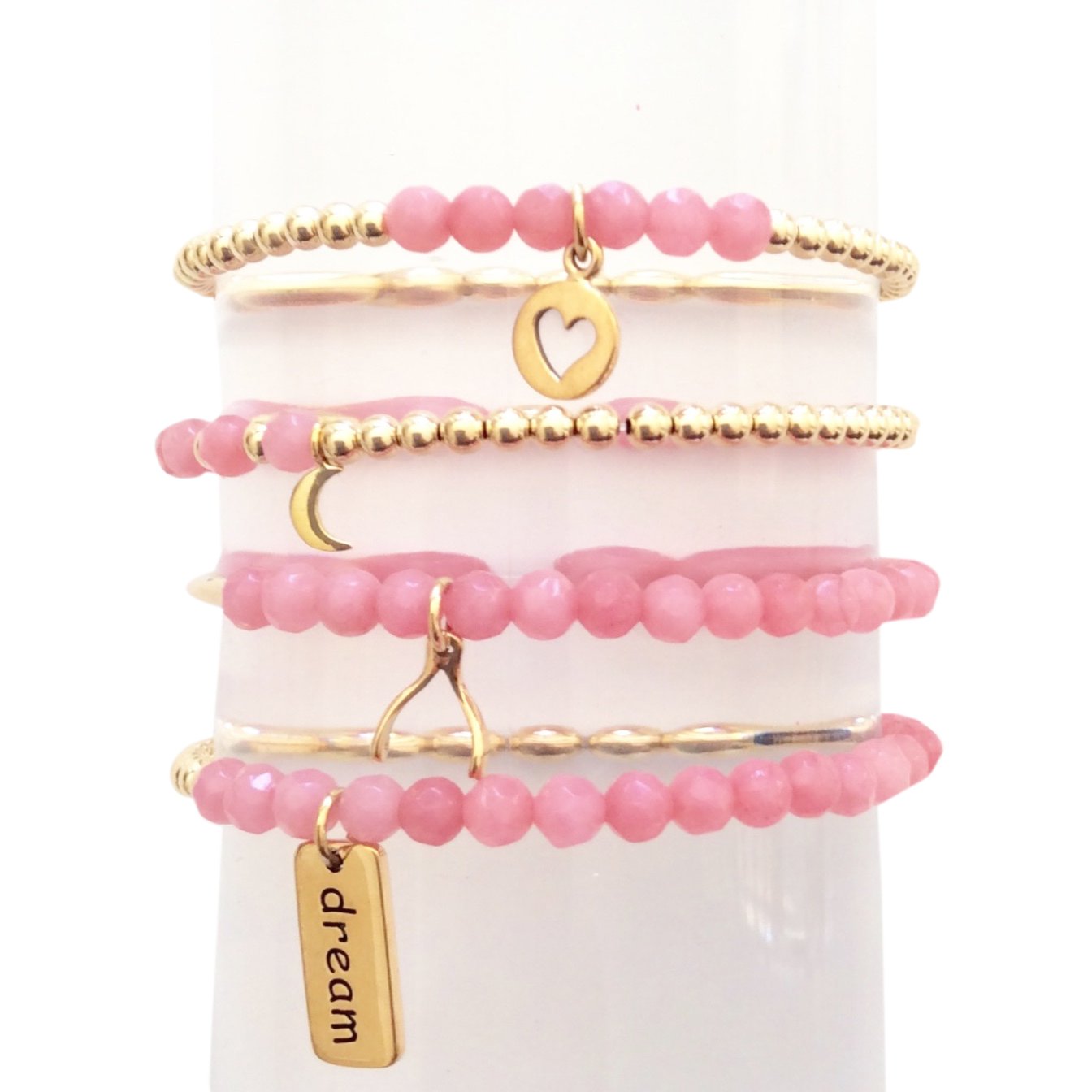 Dainty Set of 4 Pink and Gold Faceted Beaded Bracelets - Wholesale Lot Bijou Her