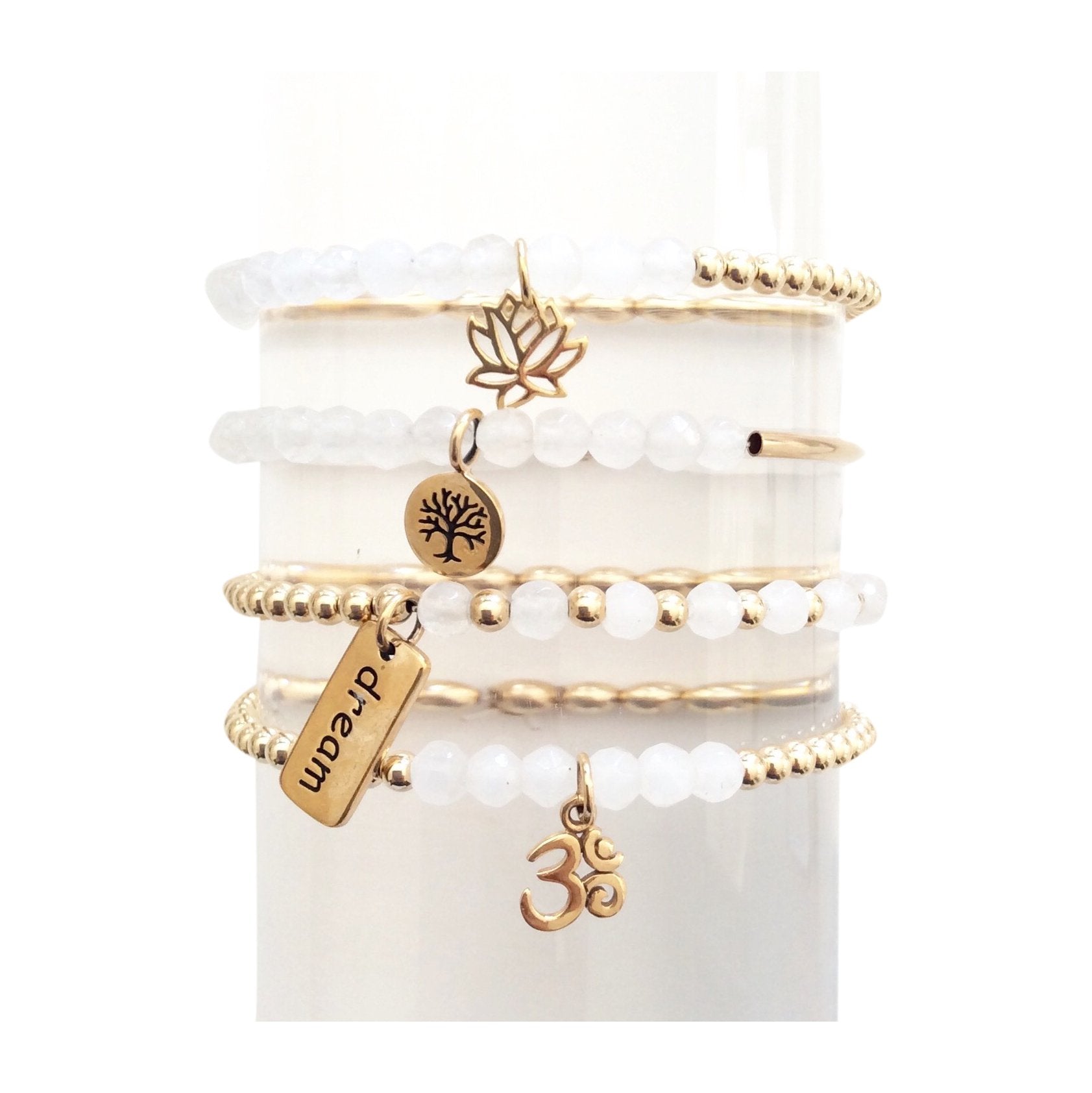 Dainty Set of Four Gold Faceted Beaded Bracelets with Lotus and Om Charms - Wholesale Bijou Her