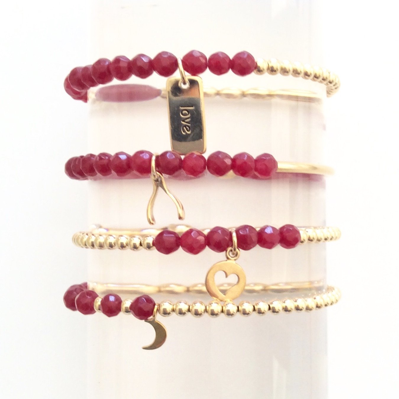 Dainty Set of Four Red Beaded Bracelets with Gold Faceted Stones and Charms - Wholesale Lot Bijou Her