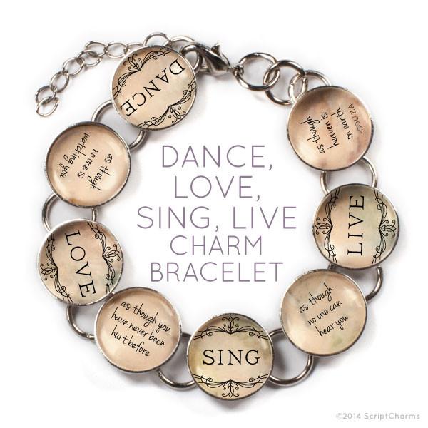 Dance Love Sing Live Glass Charm Bracelet with Heart Charm - Handcrafted and Adjustable Bijou Her
