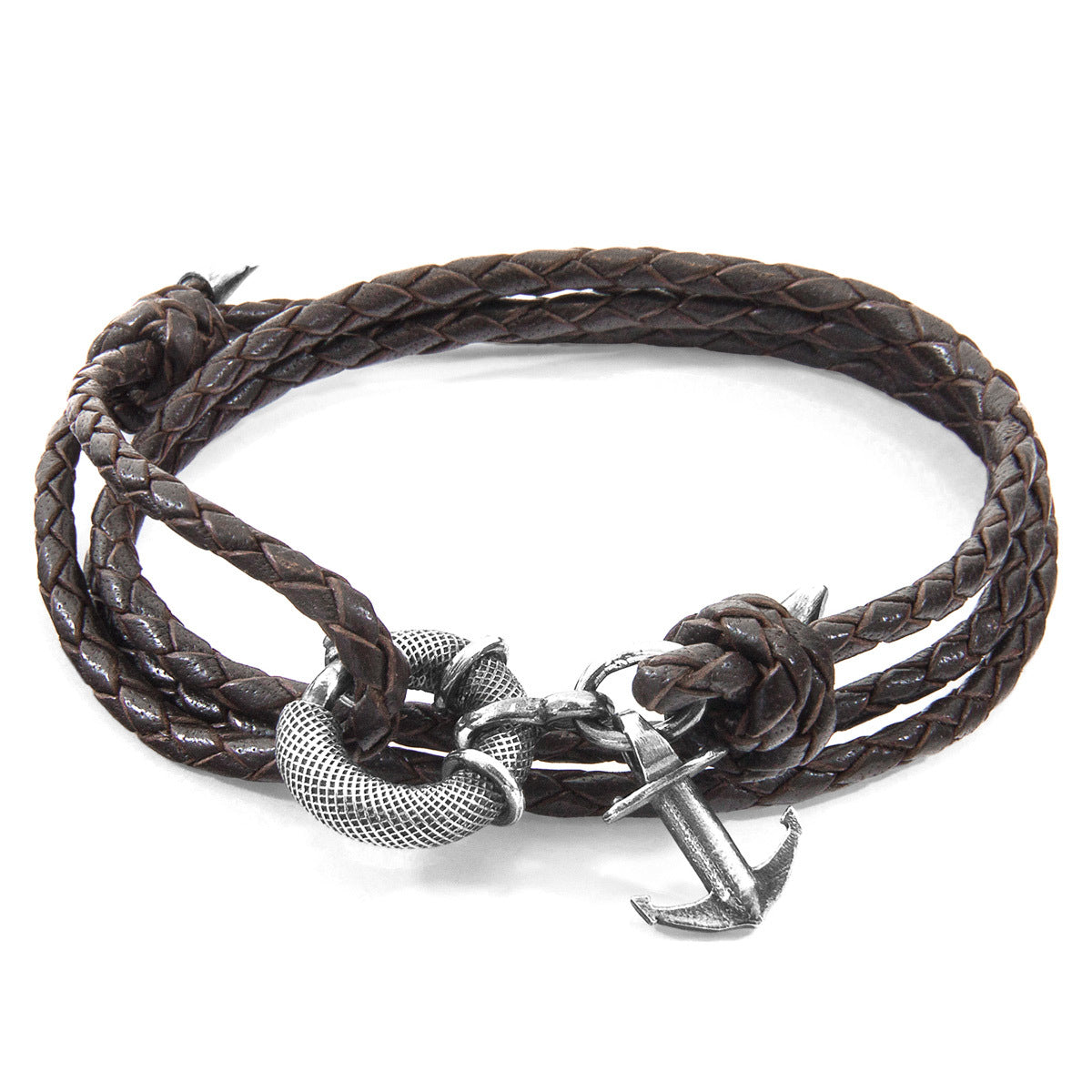 Dark Brown Clyde Silver and Leather Bracelet: Handcrafted in Great Britain with Sterling Silver Clasp and Braided Leather. One Size Fits All. Bijou Her