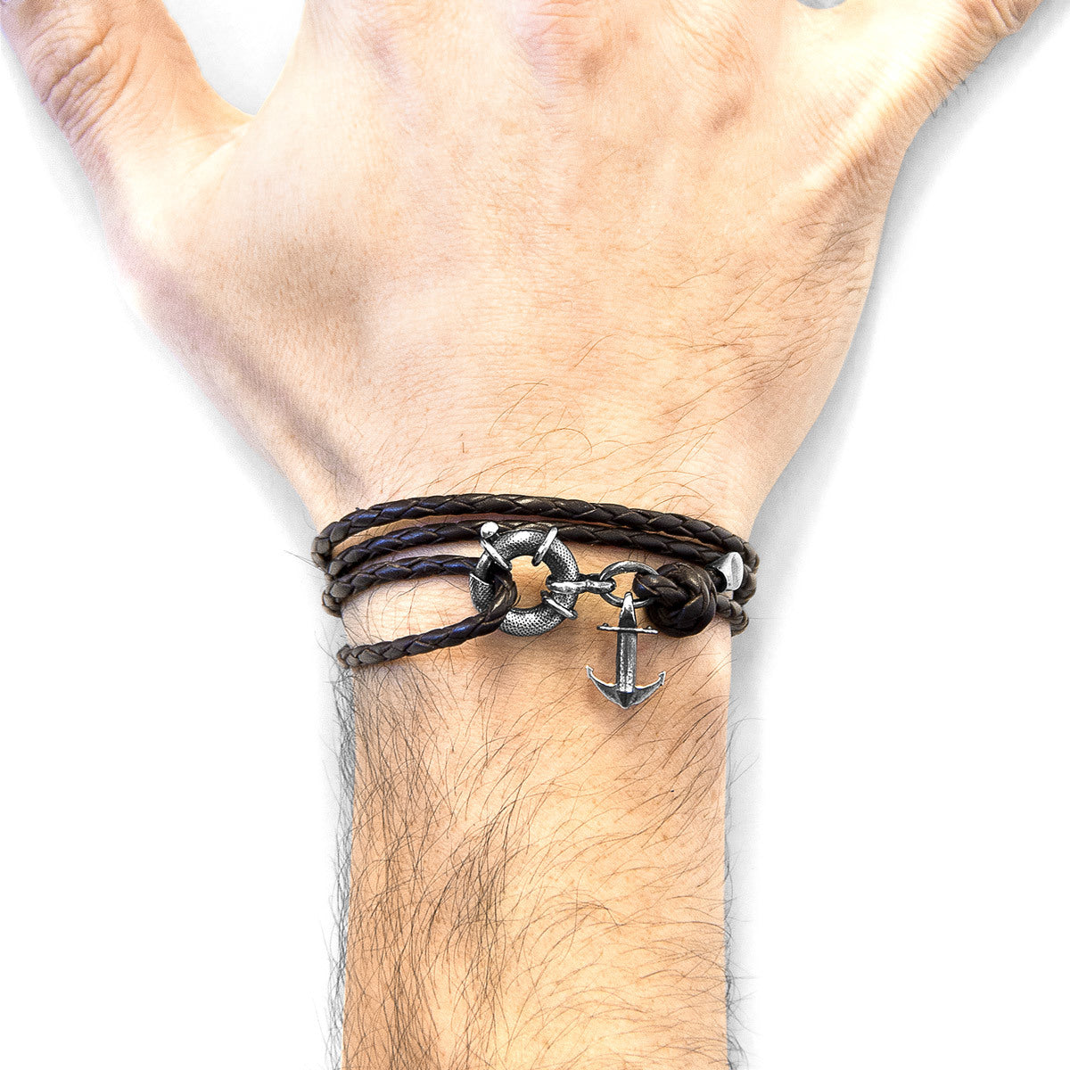 Dark Brown Clyde Silver and Leather Bracelet: Handcrafted in Great Britain with Sterling Silver Clasp and Braided Leather. One Size Fits All. Bijou Her