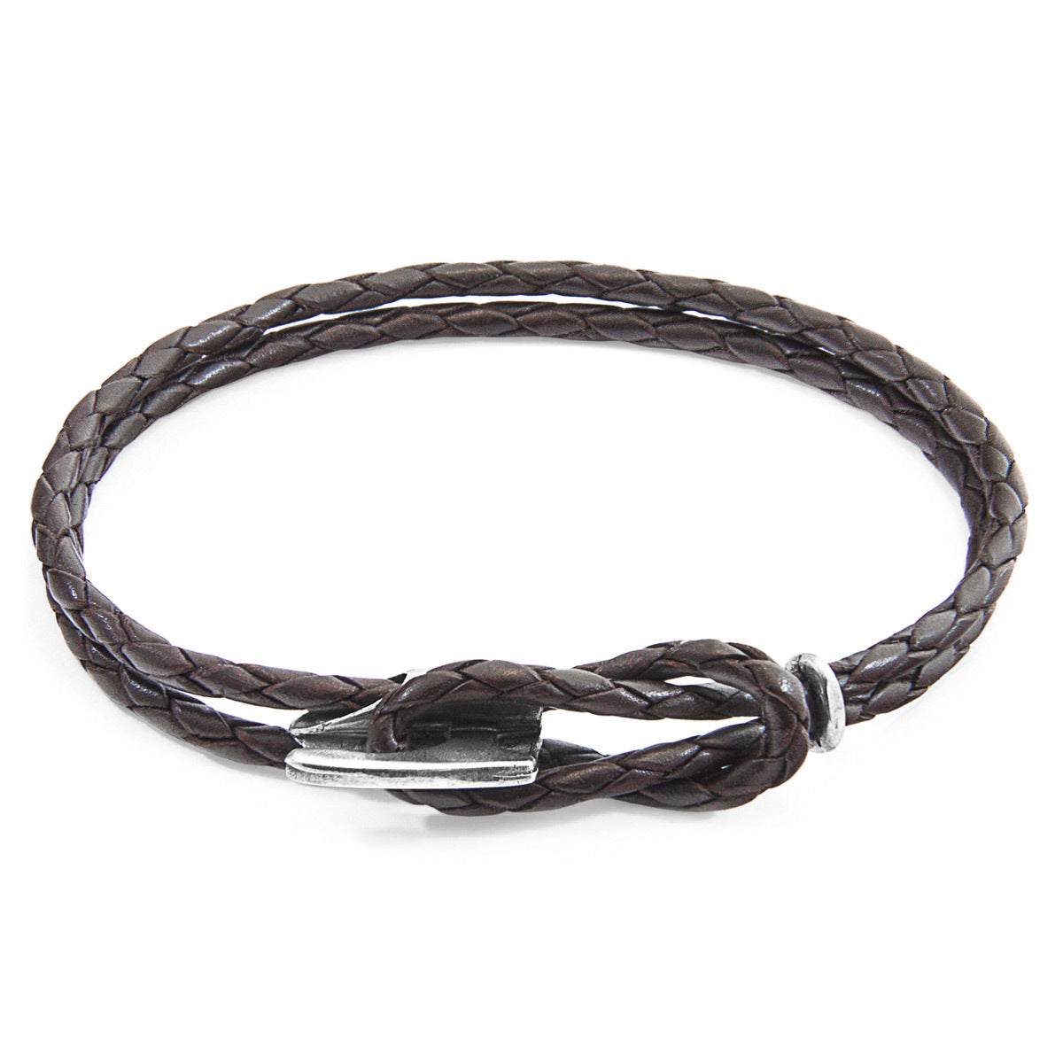 Dark Brown Padstow Silver and Leather Bracelet - Handcrafted in Great Britain with Genuine Braided Leather and Solid Sterling Silver Cleat Bijou Her