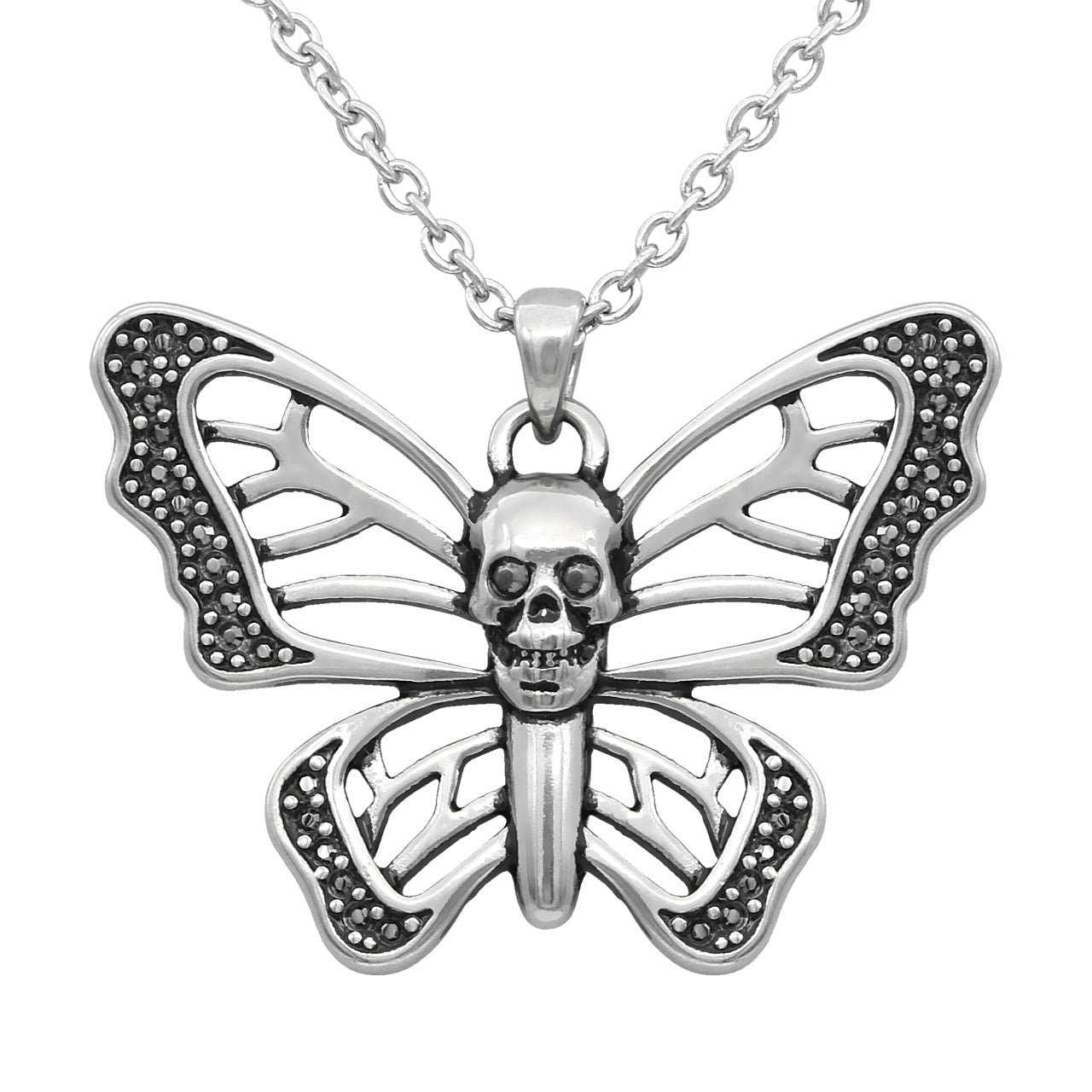 Dark Delicacy: Butterfly Skull Pendant Necklace with Hematite Swarovski Crystals Bijou Her