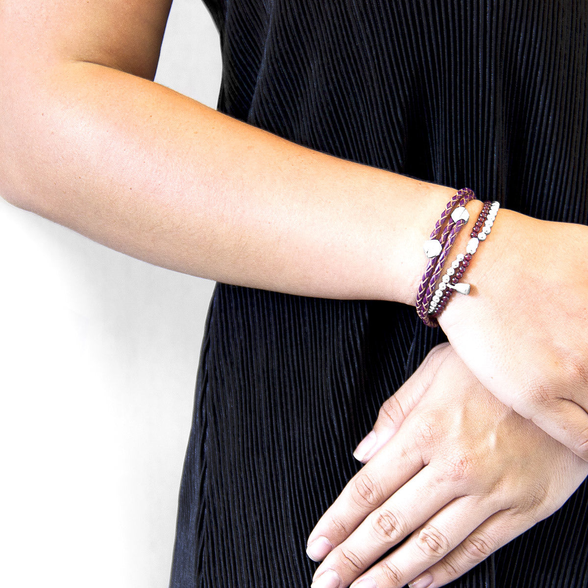 Deep Purple Conway Silver and Leather Bracelet - Handcrafted in Great Britain with Sterling Silver Hook and Braided Leather Bijou Her