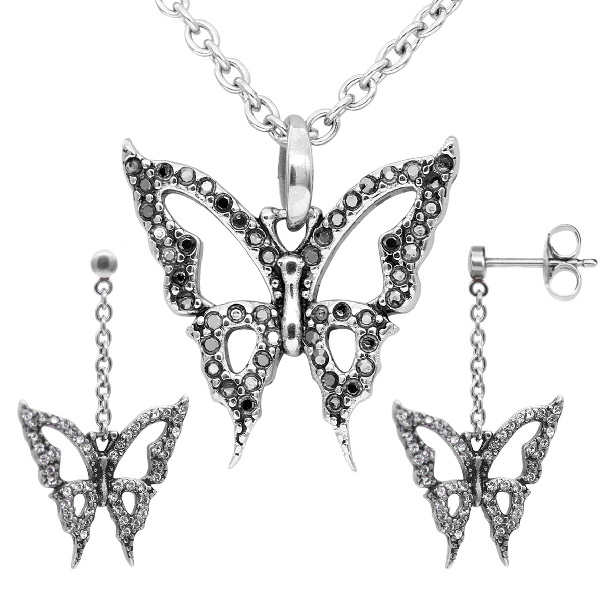 Delicate Butterfly Necklace & Earrings Set with Swarovski Crystals - Stainless Steel Jewelry Bijou Her