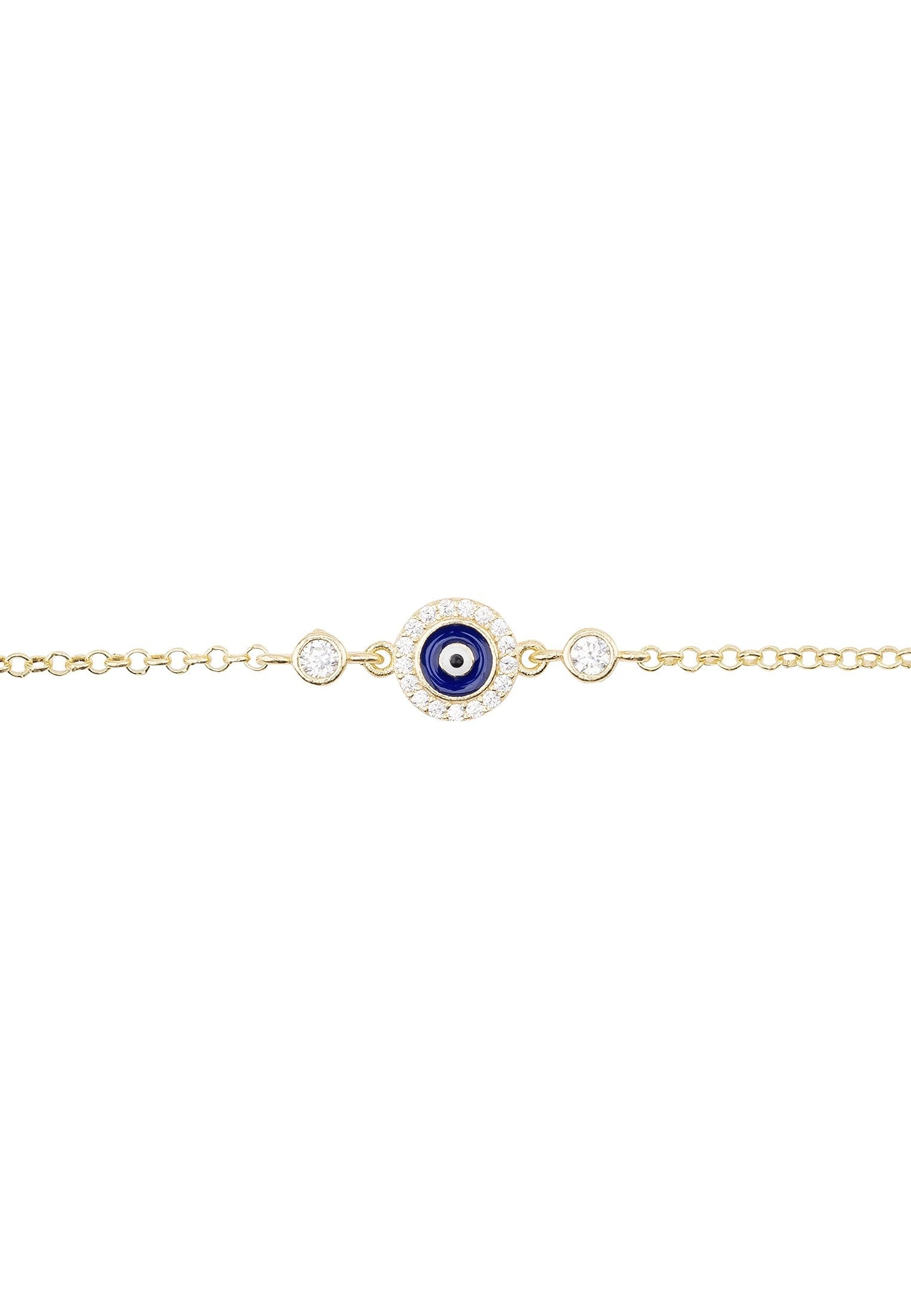 Delicate Evil Eye Enamel Bracelet in Dark Blue and Gold - Handcrafted Sterling Silver with Zircons and Cubic Zirconia Bijou Her