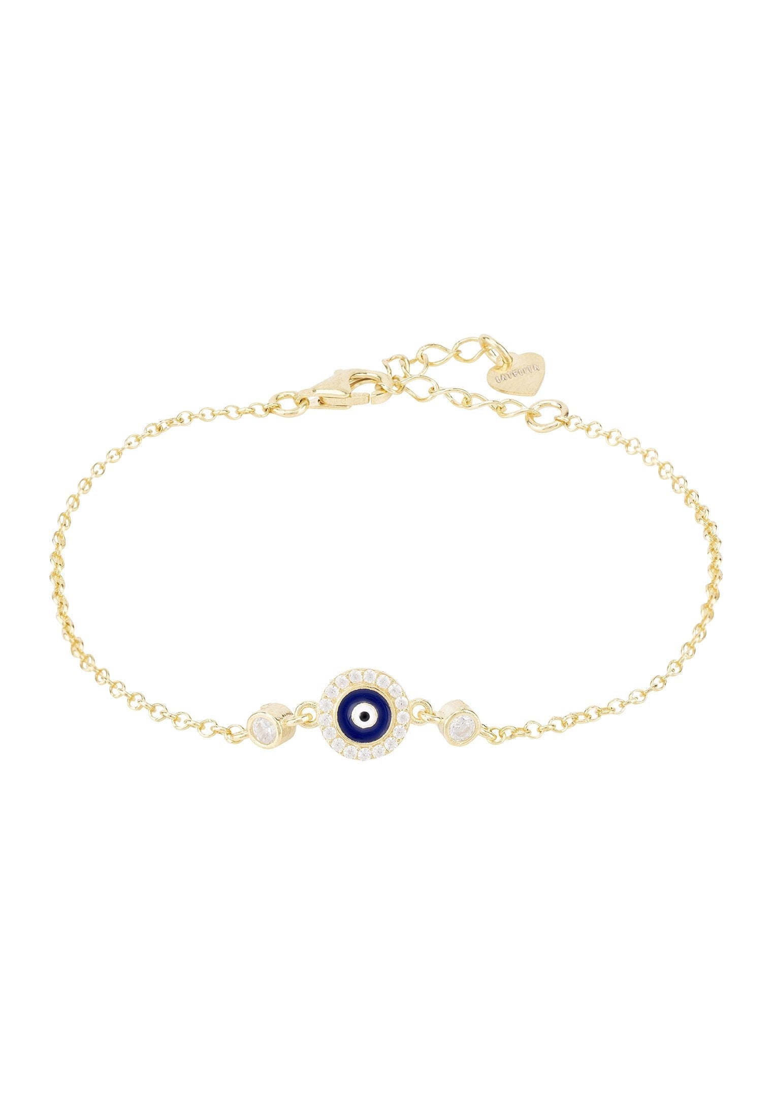 Delicate Evil Eye Enamel Bracelet in Dark Blue and Gold - Handcrafted Sterling Silver with Zircons and Cubic Zirconia Bijou Her