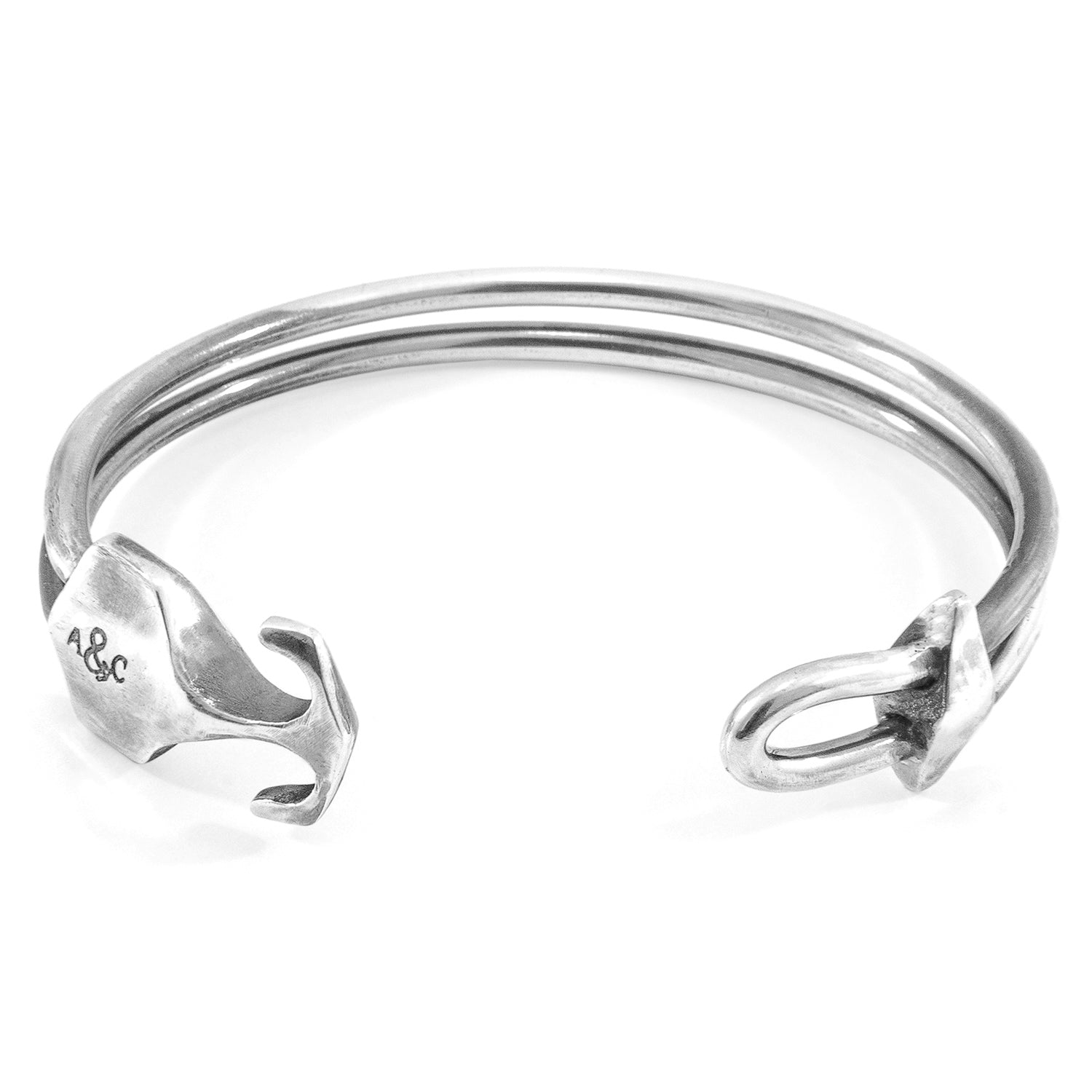 Delta Anchor Silver Bangle: Handcrafted in Great Britain with Solid Sterling Silver Barrel, Rhombus, and Anchor (GB) Design. Available in 3 Sizes. Bijou Her